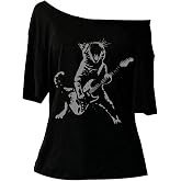 RoseSeek Women's Off The Shoulder Goth Graphic Tees Oversized Y2K T Shirts | Grunge Clothes, Asymmetrical, Gothic, Short Sleeve, Vintage, Streetwear, Going Out Top