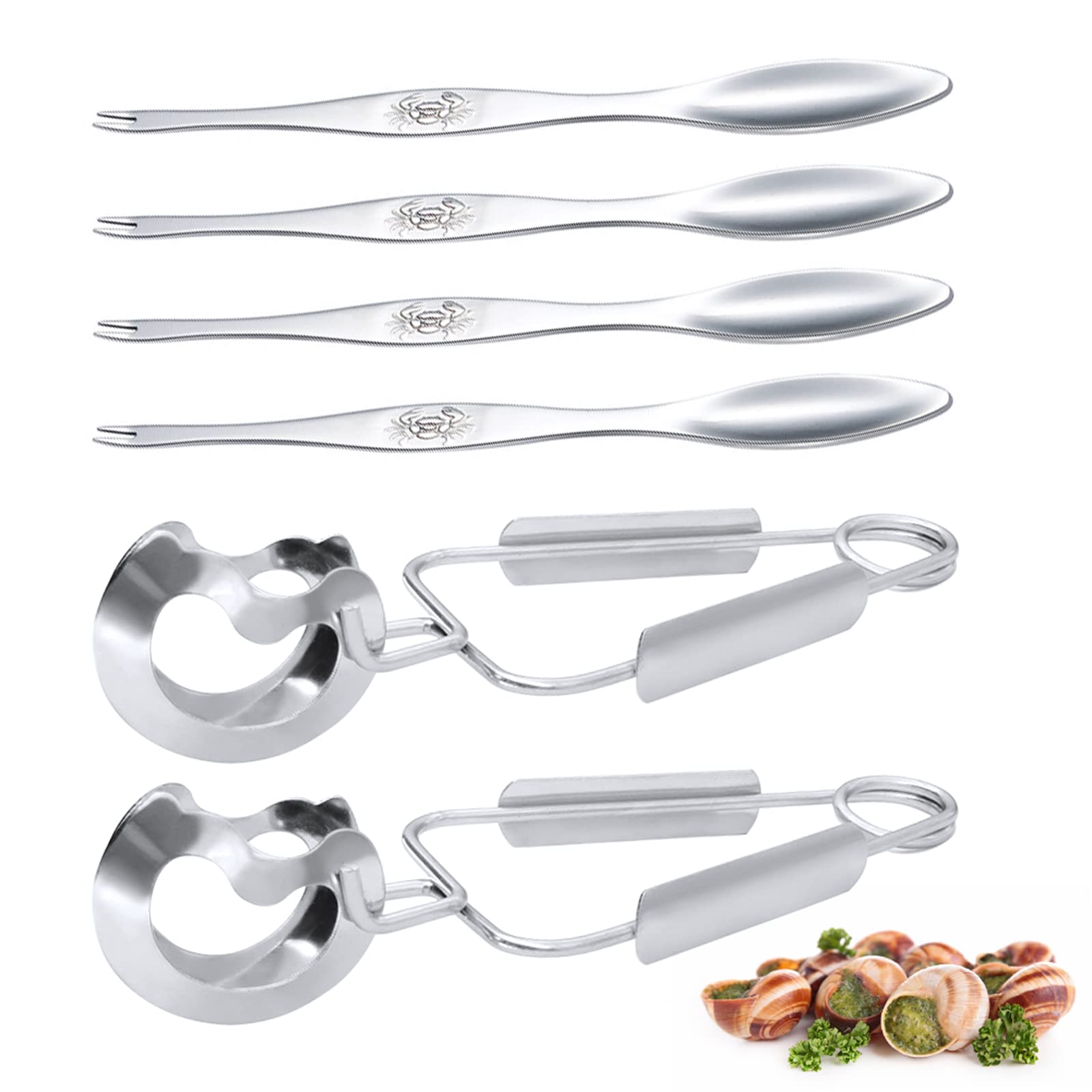 Snail Tong and Snail Fork Set, Stainless Steel Escargot Tableware 2 in 1 Seafood Forks Snail,Crab,Lobster Picking Tools for Restaurant Serving Pack of 6