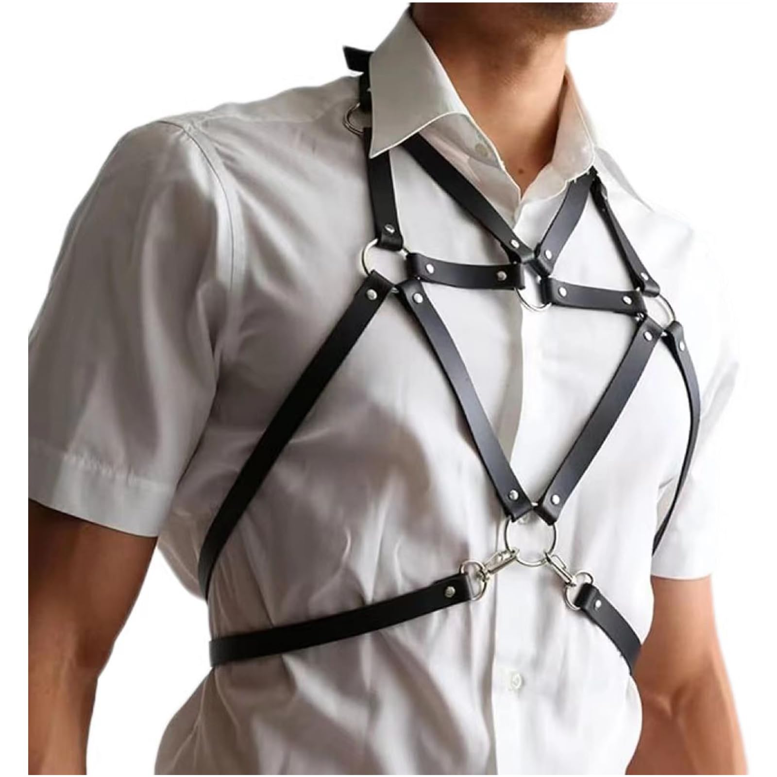 Plusupon Men Leather Harness Adjustable Buckle Straps Club Wear Christmas Costumes, Mens Body Chest Harness with Buckle Strap
