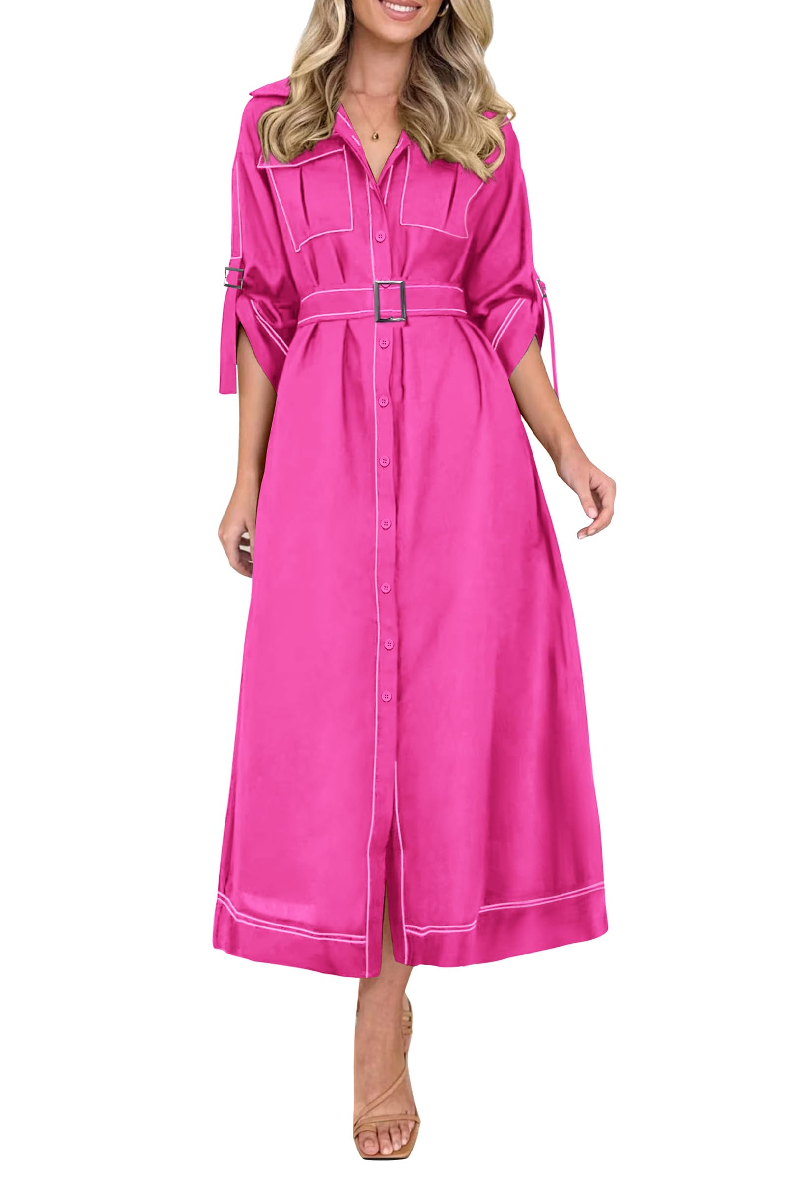 Women's Striped Midi Shirt Dress - Short Sleeve Button Down V-Neck A-Line Dress With Belt, Casual & Office Wear - View #9
