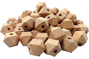 Alenybeby 50pcs Natural Beech Wood Hexagon Pearl Beads Ball Accessory 14mm Unfinished Wooden Spacer Craft Beads for Keychain 