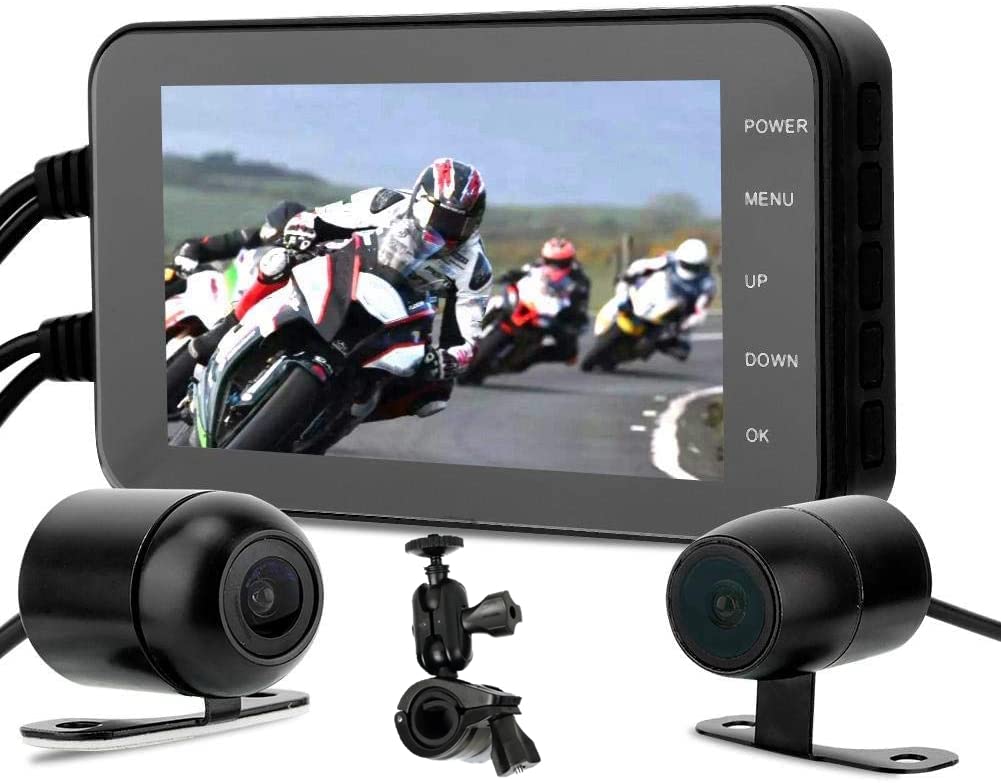 Dash Cam for Motorcycle, 1080P 4 Inch Screen, Waterproof, WiFi, G-sensor, motion detection, Front & Rear Camera Driving Video Recorder, Parking Monitor, Rechargeable