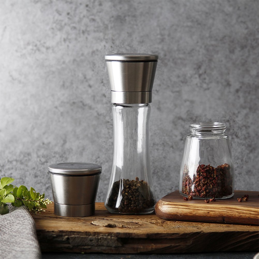 Premium Stainless Steel Salt and Pepper Grinder Set,Brushed Stainless Steel Salt and Pepper Shakers,Pepper Mill and Salt Mill with Glass Tall Body and Adjustable Ceramic Rotor by Feiuruhf, Set of 2
