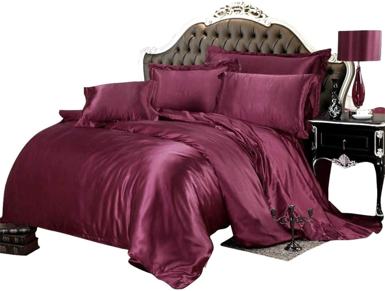 Reliable Bedding 100% Pure Silk Satin Sheet Set 7pcs, Silk Fitted Sheet 15'' Deep Pocket,Silk Flat Sheet,Silk Duvet Cover & Pillowcases Set !!! Short Queen, Wine