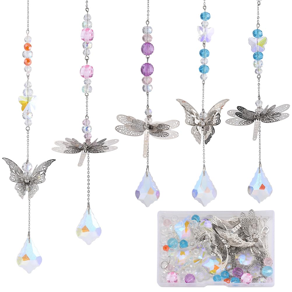 SUNNYCLUE 1 Box DIY 5 Sets Garden Suncatchers Rainbow Maker Suncatcher Prism Glass Crystal Beads Colorful Sun Catchers Making Kit Filigree Metal Butterfly Dragonfly Linking Charms for Window Door