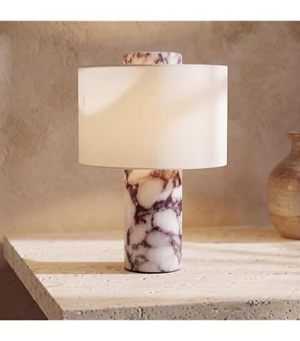 Marble Lamp Night Light Touch – Travertine Stone Table Lamp With Linen Lampshade, Cylindrical Shape, Rechargeable & Touch Dimming, Type-C, Beige