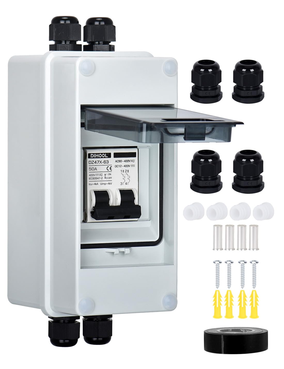 DIHOOL DC Circuit Breaker,DC MCB,Solar Disconnect Switch,50A Isolator(DC12V - DC400V or AC110-400V) with IP65 Waterproof Enclosure