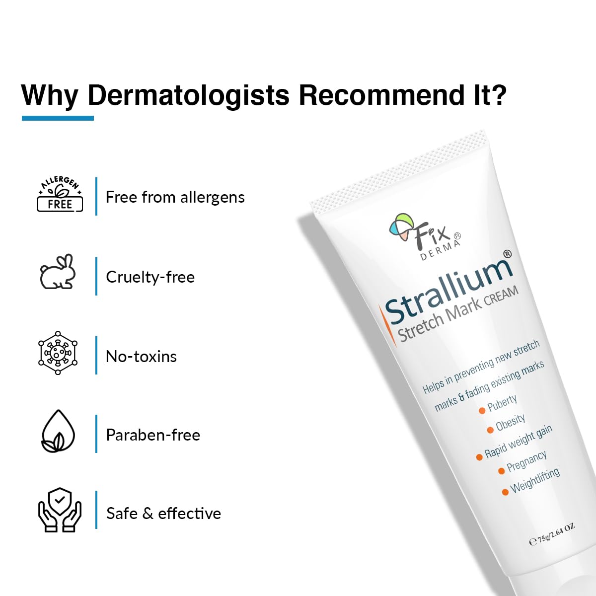 Fixderma Strallium Anti Stretch Mark Cream with 10% Aloe Vera Gel | Stretch Mark Cream | Stretch Mark Cream for Pregnancy | Stretch Mark Remover - 2.64 Oz