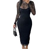 Chicaressence Sexy Lace Dresses for Women Long Sleeve Midi Dress Elegant Bodycon Cocktail Dresses Club Date Night Outfit
