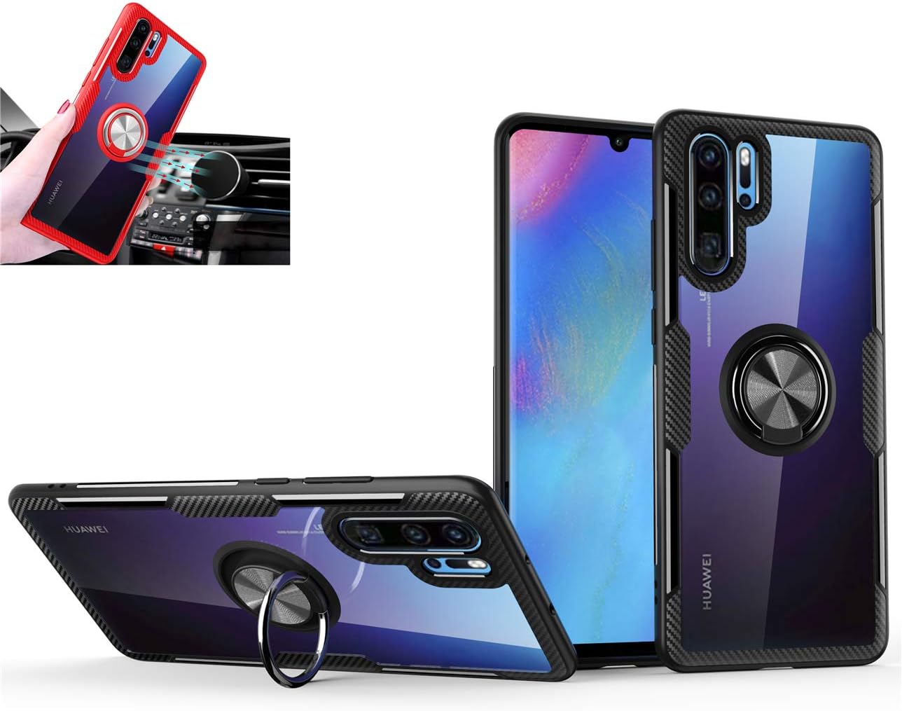 GarHold Huawei P30 Pro case,Silicone Shockproof TPU+PC,Transparent Tempering Protection Cover,360° Rotating Metal Ring Kickstand,car Holder case for Huawei P30 Pro (Black/Black)