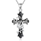 AOBOCO Black Cross Blessed Necklace 925 Sterling Silver Cross Flower Pendant Faith Christian Religious Jewelry Gift for Women Men Her