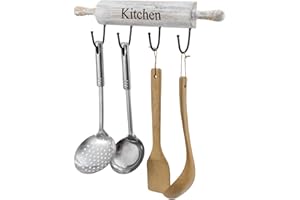MyGift Wall Mounted Kitchen Utensil Rack, Rustic White Washed Wood Rolling Pin Cooking Tool Hanger with 4 Hooks for Aprons, D
