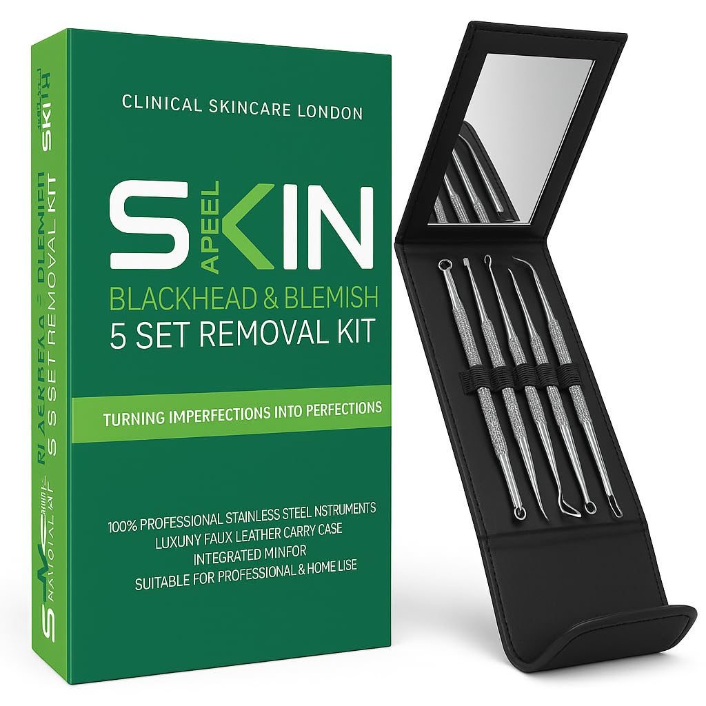 Skinapeel 5pc Blackhead and Blemish Removal Kit with Mirror and Case – Professional Stainless Steel Comedone Extractor Tools for Acne, Spot, and Pimple Treatment – Perfect for Travel, Home Skincare