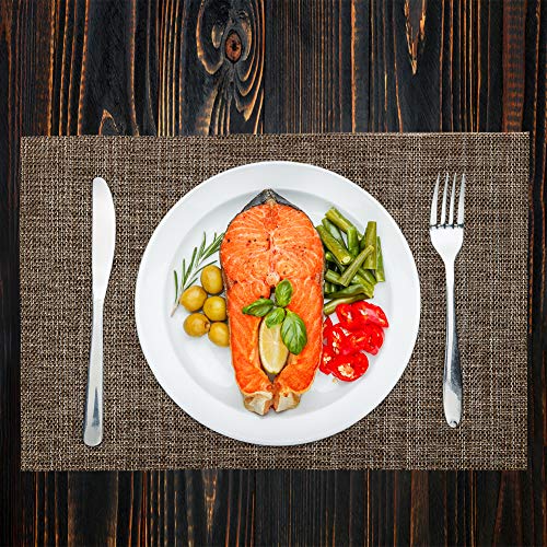 Vivi&Stitch Wipeable Placemats, 6 Pack Table Placemats, Easy to Clean Heat-Resistant Stain Resistant Anti-Skid Woven Vinyl PVC Table Mats for Kitchen Dining Table (Brown)
