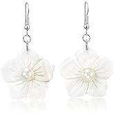 AeraVida 48mm White Mother of Pearl and Faux Pearl Flower Dangle Earrings | Handmade Floral Drop Earrings for Women | Lightweight Elegant Statement Jewelry Gift for Her