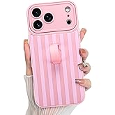 KANGHAR Compatible with iPhone 17 Pro Max Case 2025, Silicone Stripes Cute Pattern, Wristband Kickstand Camera Protection Soft Slim Cover for Girls Women -Pink