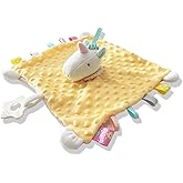 Yellow Unicorn Security Blanket with Tags Lovey Teether Toys Infant Stuffed Animal Taggy Blanket Soft Plush Minky Dot Baby Snuggle Blanket with Rattle Crinkle, Shower Gift for Newborn Infant