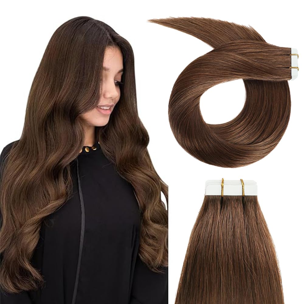 Photo 1 of #4 Chocolate Brown Tape in Extensions Human Hair 22 Inch Brown Straight Tape in Seamless Extensions Real Human Hair Skin Weft Seamless Invisible Unprocessed Virgin Remy Hair 50g 20 Pcs