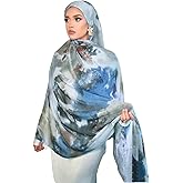 RARITYUS Silky Satin Hijab Scarf for Women Watercolor Floral Printed Muslim Hijab Head Wrap Fashion Long Scarves Shawls