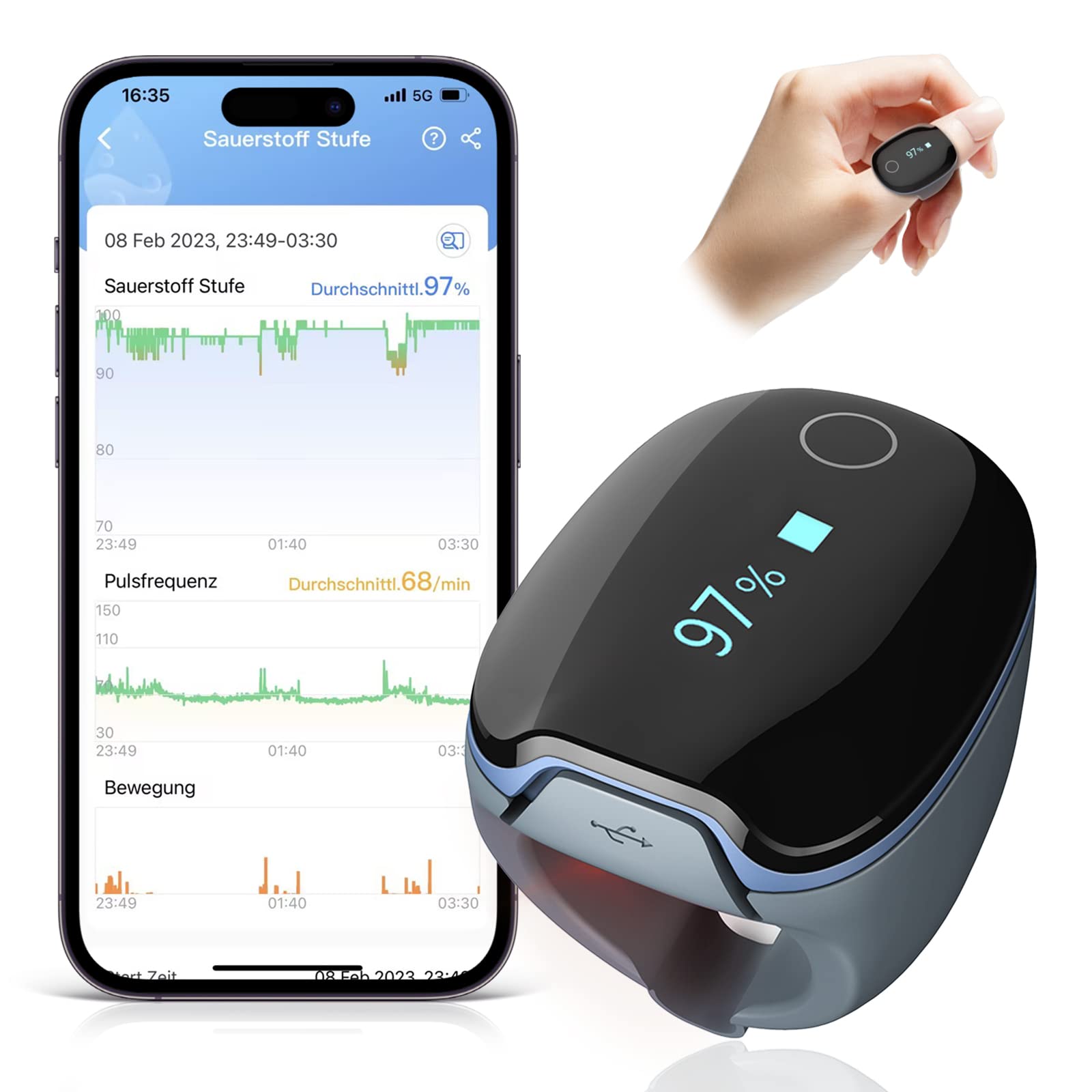 O2 Ring Pulsoximeter für kontinuierliche Überwachung, Schlafoximeter Fingertip mit Alarm, Bluetooth Sauerstoff Oxymetergerät für O2 sauerstoffsättigung und Herzfrequenz, APP und Berichte