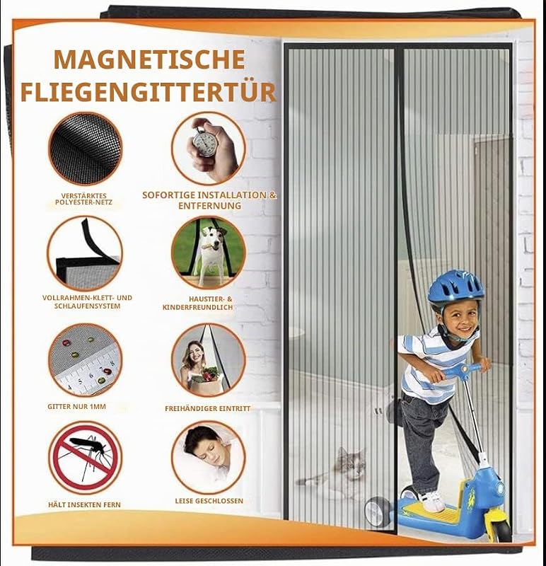 Fliegengitter Tür Magnet Insektenschutz, Verschiedene Größen, 90 x 210cm, Magnetvorhang ist Ideal für Balkontür Wohnzimmer und Terrassentür, Kinderleichte Klebemontage Ohne Bohren, Reines Grau