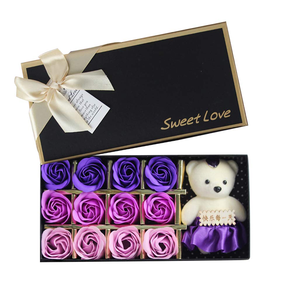 Rose Rose Petal Soap, Purple Bear 12 Rose Rose Soap Flower Gift Box，Valentine's Day Mother's Day Birthday Gift