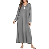 Ekouaer Women's Long Sleeve Nightgown Full Length Sleepwear Long Sleepshirts Henley Sleep Dress S-4XL