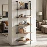 Wolawu 5 Tiers Ladder Shelf Brown Modern Bookshelf Open Tall Wall Mount Bookcase Standing Leaning Wall Shelves Industrial Decorative Living Room Bed Room