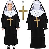 Mepase 3 Pcs Girls Nun Costume Set with Cross Necklace Halloween Nun Costume for Kids Horror Catholic Sister Robe Costumes