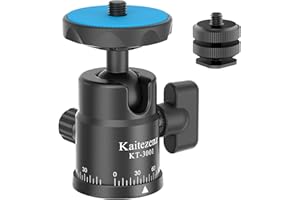 Kaitezenz Mini Ball Head, Panoramic Camera Tripod Head with 1/4" Screw and Dual Hot Shoe Mount, 360 Rotatable Metal Adapter for DSLR Camera Tripods Monopods Camcorder Light Microphone, Max Load 5.5lbs