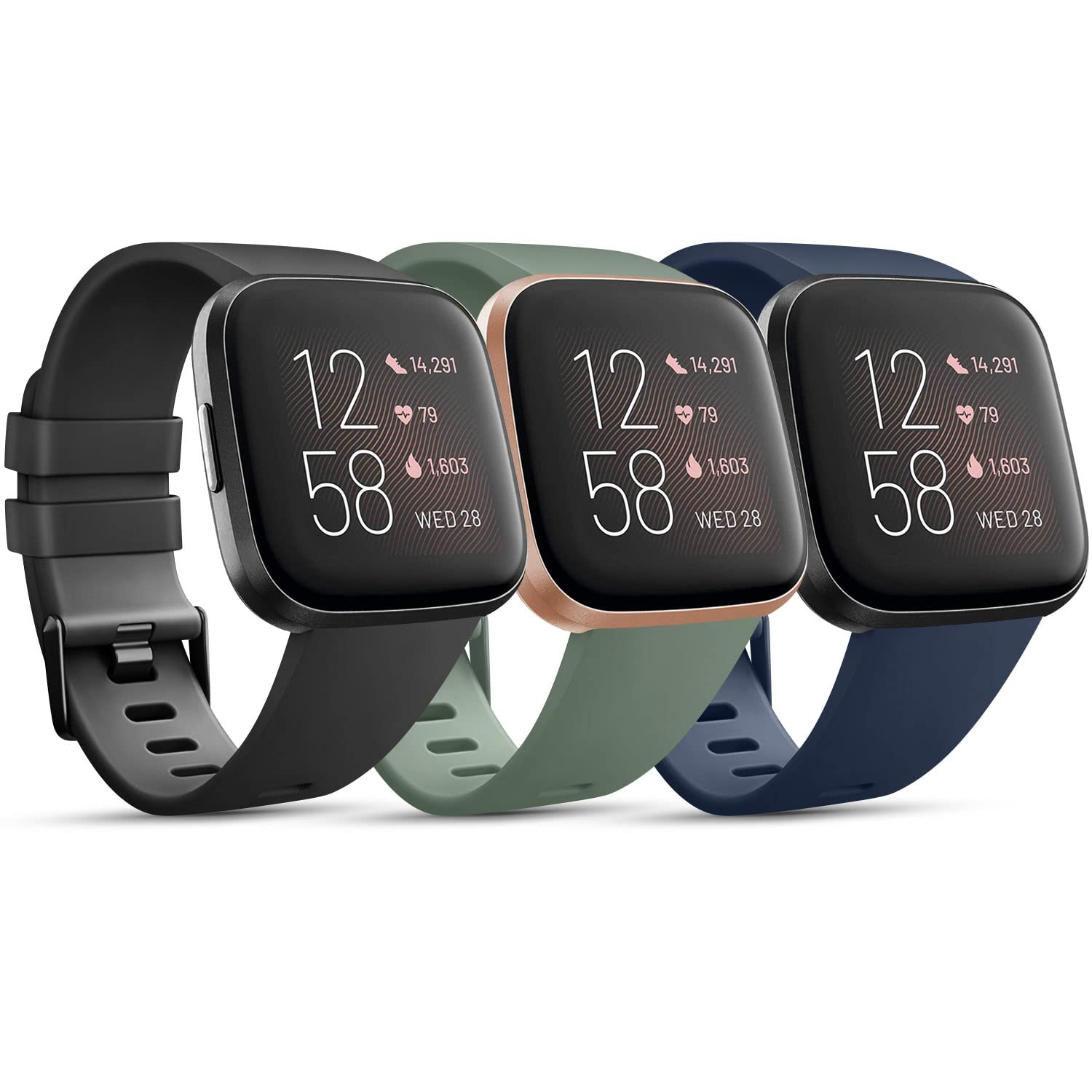 Photo 1 of 3 Pack Sport Bands Compatible with Fitbit Versa 2 Bands/Fitbit Versa Bands/Versa Lite/Versa SE, Classic Soft Sport Replacement Wristbands for Fitbit Versa 2 Smart Watch Women Men (Small,Black/Abyss Blue/Avocado Green)