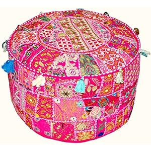 Indian Vintage Patchwork Ottoman Pouf , Indian Living Room Pouf, Foot Stool, Round Ottoman Cover Pouf, Floor Pillow…