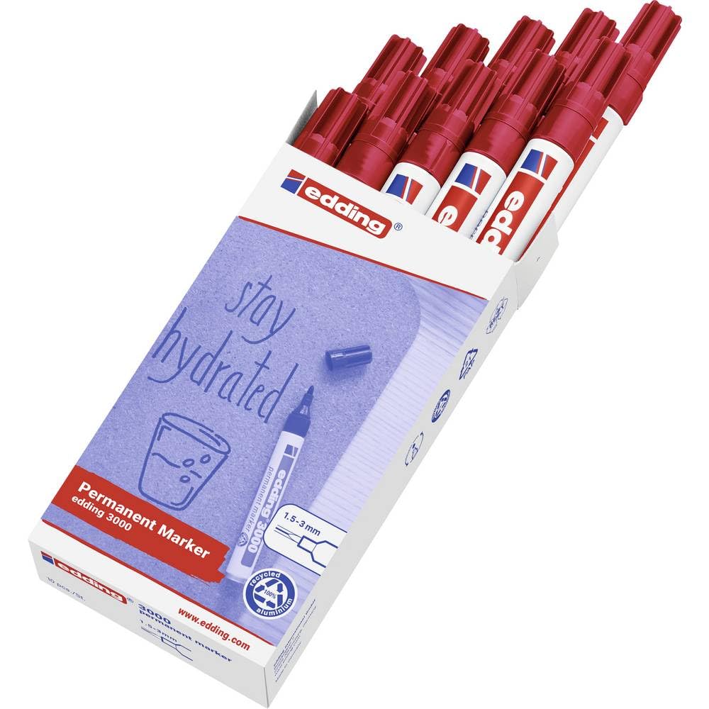 edding 3000 permanent marker - red - box of 10 - round tip 1.5-3 mm - quick-drying permanent markers - waterproof, smudge-proof - for cardboard, plastic, wood, metal, fabric - marker pens