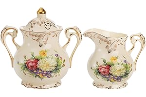 Foraineam Sugar and Creamer Set, Porcelain Ivory Coffee Serving Set, Flowering Shrubs Pattern Golden Leaves Edge Cream Pitche