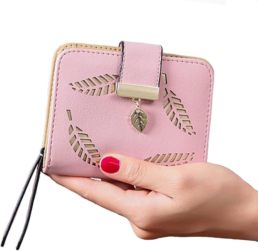 Zip Around Leather Wallet with ID Window, Short Bifold Money Clip Coin Purse Card Holder Leaf Clutch for Women Teenage Girl Gift - Image 5