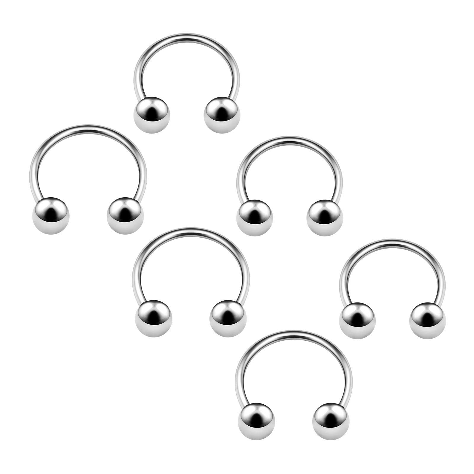 BanaVega 6PCS Stainless Steel Circular Barbell 20g 6mm 8mm 3mm Ball Septum Nose Lip Tragus Earrings Eyebrow Piercing Jewellery 4650