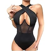 Sexyshine Women's Halter Criss Cross Sleeveless Bodysuit Sheer Mesh Corset Bustier Sexy Cut Out Leotard Jumpsuit