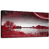 wall art for living room Red Lakes and trees under the starry sky red landscape painting office Wall Art Decor 20" x 40" sing