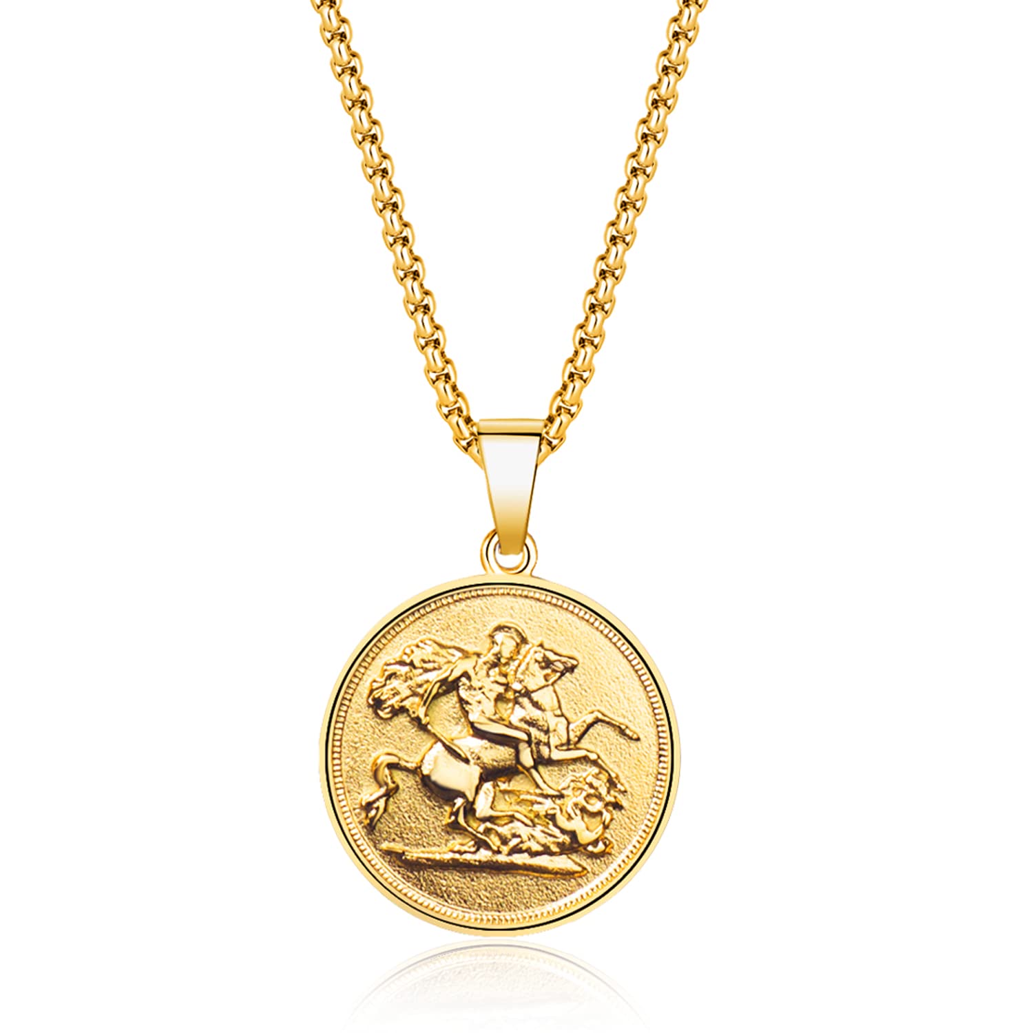 Joliernelle St. George Dragon Slayer Pendant with Solid Chain Stainless Steel Gold Sovereign Coin Necklace for Men/Women 60cm