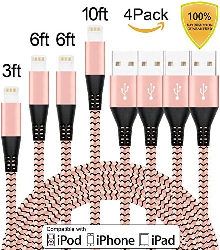 Tecland 4Pack 3FT 6FT 6FT 10FT iPhone Nylon Braided Lightning Cables to USB Sync Charger for iPhone7/7Plus/ 6/ 6s/ Plus /5s /5Plus/5,iPad Pro,Air 2,iPad mini.(Rose gold &amp; Black)