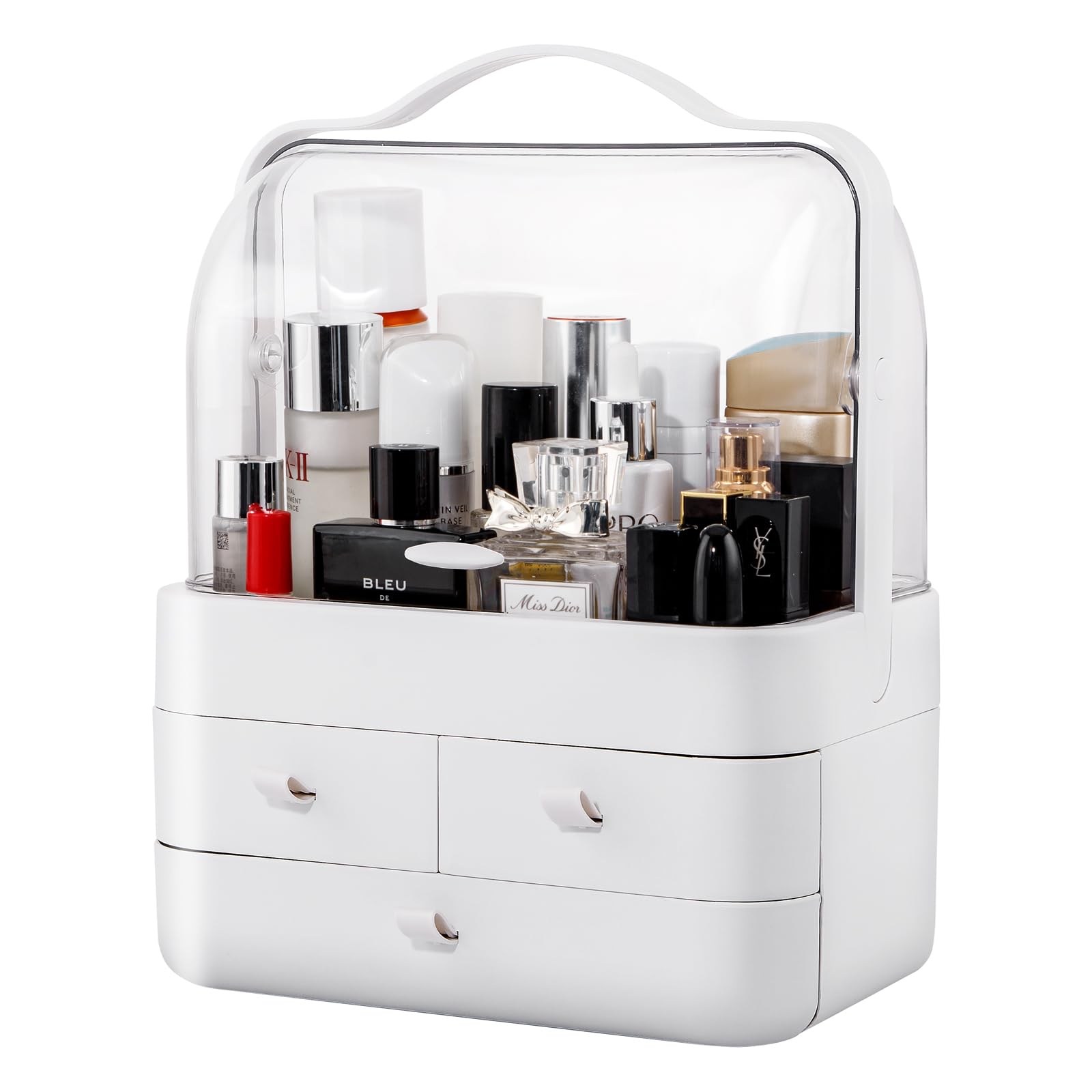 Photo 1 of Nervure White Makeup Organizer - Cosmetic Storage Box with Lid - Makeup Organizer Storage Drawersr with Dust Free Cover and Portable Handle for Bathroom Countertop & Dresser & Gift