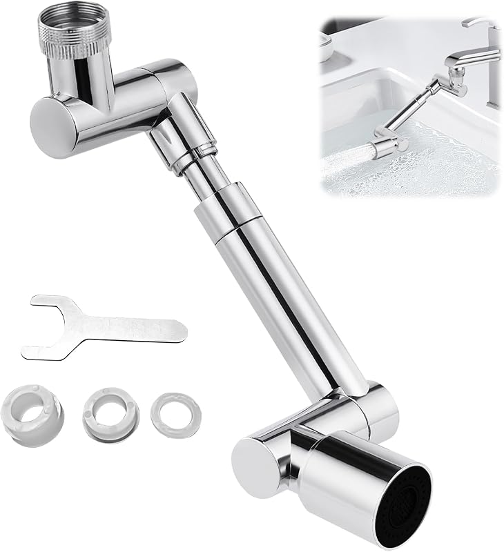 Drehbarer Wasserhahn Aufsatz, 1440 Grad Drehbarer Multifunktionaler Wasserhahn Verlängerungshahn, Wasserhahnaufsatz mit 2 Einstellbarer Adapter, Wasserhahnverlängerung für Bad und Küche — Foto 1 von 7