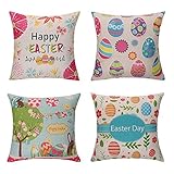 Easter Decorative Throw Pillow Covers - Set of 4 , 18 x 18 inch - Cute Easter Bunny & Eggs Pillowcase Holiday Home Decoration