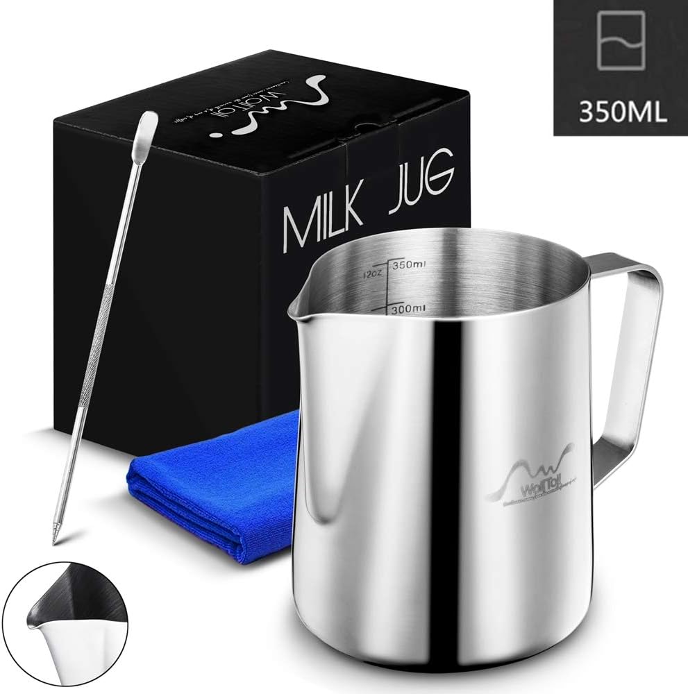 Stainless Steel Milk Frothing Pitcher, 12oz/350ml Milk Coffee Cappuccino Latte Art Frothing Pitcher Barista Milk Jug Cup, Measurements on Both Sides Inside Decorating Art Pen & Microfiber Cloth