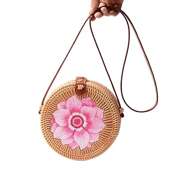 Leoie Women Rattan Woven Bag Mini Round Basket Retro Art Hand Woven Handbag Single Shoulder Bag Artistic Bag Lotus Bag