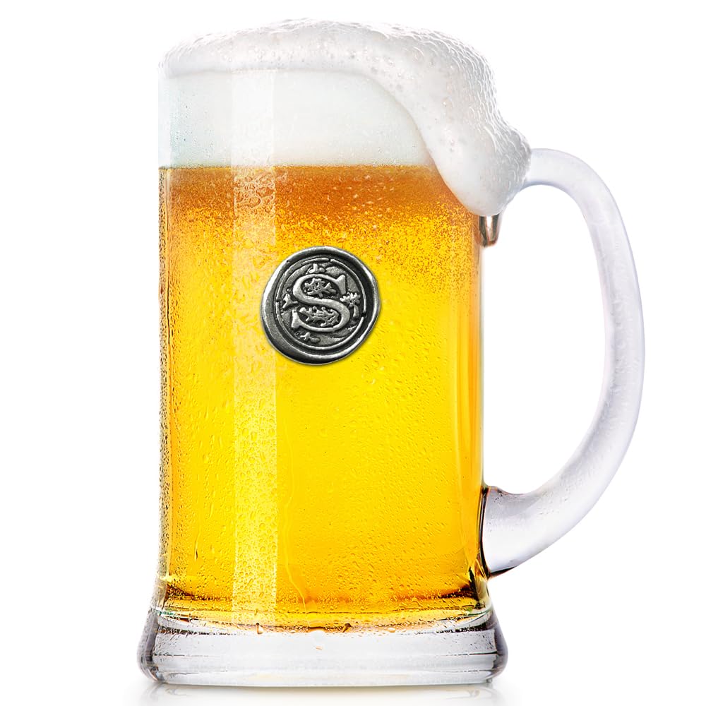 English Pewter Company 1 Pint Monogram Initial Beer Mug Glass Tankard - Personalised with Your Choice of Initial (S) [MON019]