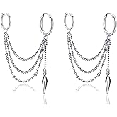 Fusamk Hip Hop Stainless Steel Tube Circle Clip On Hoop Earrings Tassel Chain Dangle Earrings,2PCS