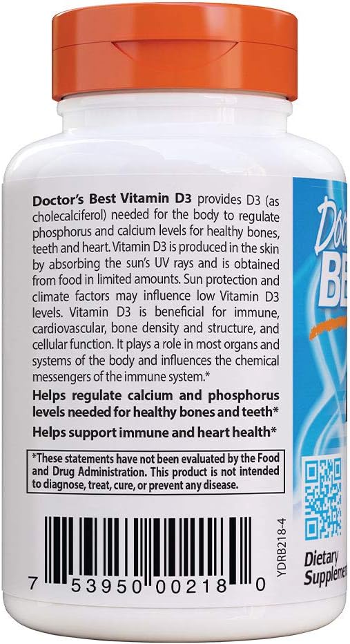 Doctor's Best Vitamin D3 5000IU, Non-GMO, Gluten Free, Soy Free, Regulates Immune Function, Supports Healthy Bones, 180 Count (Pack of 1): Health & Personal Care
