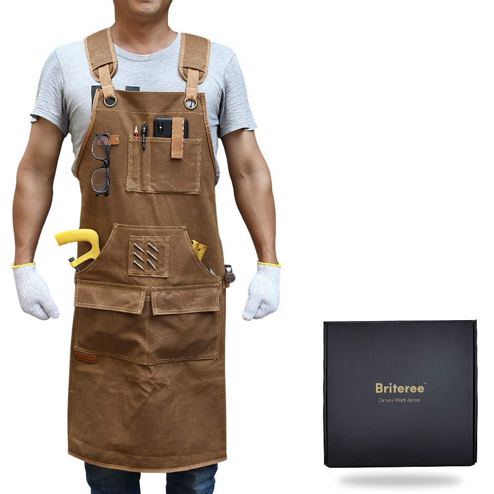 BRITEREE Work Apron with 9 Tool Pockets, Woodworking Apron with Durable Waxed Canvas, Tool Apron Gift for Men Carpenters