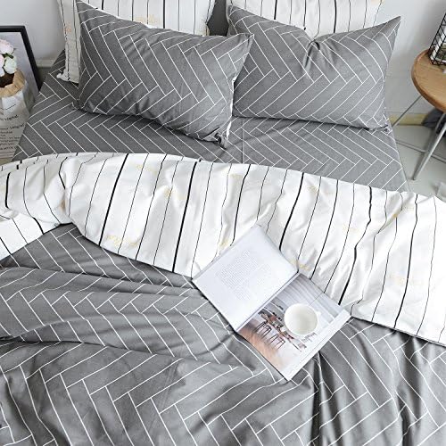 OREISE Duvet Cover Set King Size 100% Cotton White Color And Black Striped Style Reversible Design Gray Plaid 3Piece Bedding Set (1 Duvet Cover + 2 Pillow Shams) Soft Breathable Durable